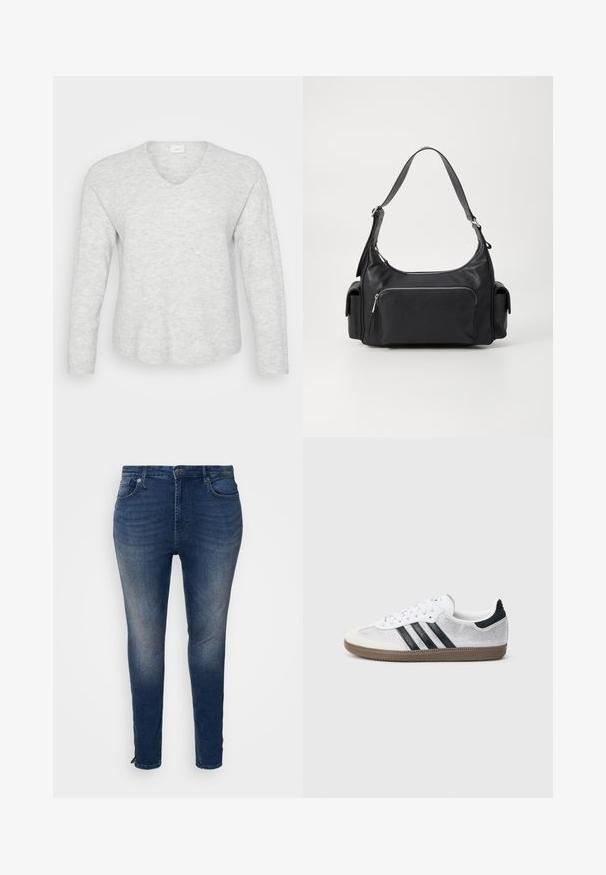 Hele hall sweatshirt, pikkade varrukate ning soonikkoega, V-kaelusega ja kergelt kaarduva hemiga. Pehme materjal koos peente mustrimuutustega.; Tumed denim teksad, sobiva disainiga, viie tasku, kontrastses õmbluses ja lukuga detailiga sääreosas.; Valged võrgust tennised mustade triipude, beežide seemisnahast varbakatte ja kannaaktsendiga, tekstureeritud kummist tallaga ja valgete paeltega. Klassikalise madala lõikega disain.; Mustast nahast õlakott ümarate vormide ja tõmblukuga esikotiga, samuti kahe külgetaskuga. Omab ühte reguleeritavat rihma.