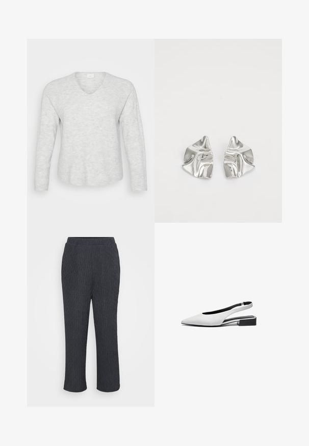 Pull long ajusté gris clair à manches longues avec une texture côtelée, un décolleté en V et un ourlet légèrement courbé. Matériau doux avec de subtiles variations de motifs.; Pantalons gris foncé avec un design texturé et côtelé, dotés d'une taille élastique et de jambes fuselées. Fabriqués en matériau léger et doux.; Bottines plates en cuir blanc avec un bout pointu, design ouvert à l'arrière et un petit talon bloc noir. Texture lisse, accents minimalistes.; Boucles d'oreilles en métal argenté avec un design ondulé et sculptural, présentant une finition polie et des formes irrégulières, mettant en valeur une esthétique contemporaine.