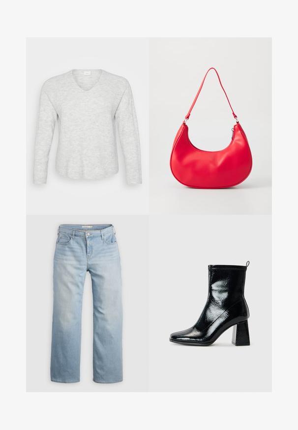 Lys grå langærmet sweater med ribbet tekstur, V-hals og en let buet kant. Blødt materiale med subtile mønstervariationer.; Lyseblå vide jeans lavet af denim. Har høj talje, fem lommer og kontrastsyede detaljer. Glat tekstur med en slidseffekt.; Sorte patent ankelstøvler med firkantet tå og chunky geometrisk hæl. Har en glat, skinnende overflade og en bageste løkke til nem påklædning.; Rød syntetisk læder skuldertaske med en buet form, slank rem og lynlås lukning. Glat tekstur med synlige syninger.