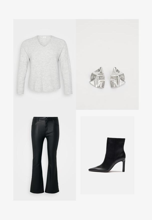 Lys grå langærmet sweater med ribbet tekstur, V-hals og en let buet kant. Blødt materiale med subtile mønstervariationer.; Sorte, flagrende bukser lavet af et glat, skinnende materiale. Har fem lommer, bæltestropper og en lynlås med knaplukning.; Zign Højhælede støvletter - black; Sølvmetal øreringe med et bølgende, skulpturelt design, der har en poleret overflade og uregelmæssige former, hvilket fremhæver en moderne æstetik.