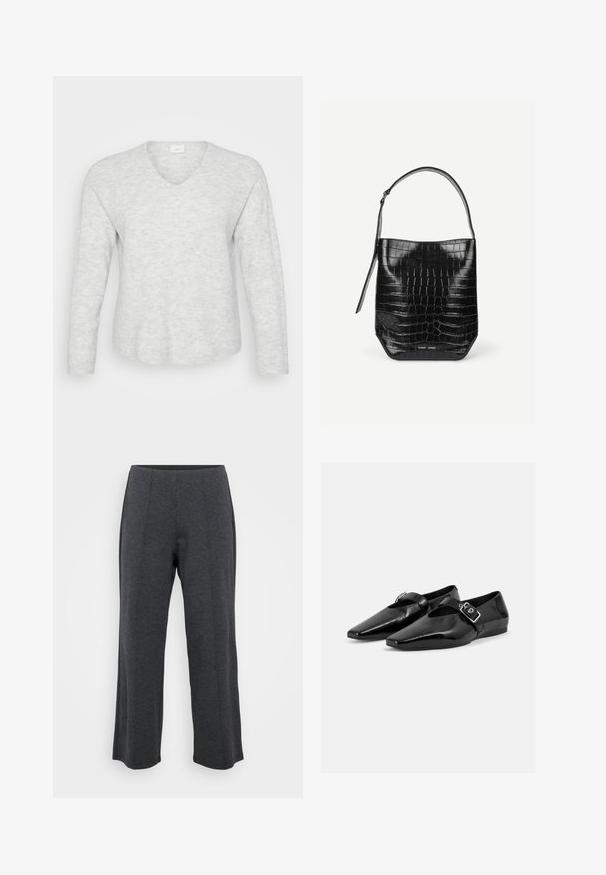 Pull long ajusté gris clair à manches longues avec une texture côtelée, un décolleté en V et un ourlet légèrement courbé. Matériau doux avec de subtiles variations de motifs.; Pantalons larges gris foncé fabriqués à partir d'un tissu doux et extensible. Comprend une ceinture lisse et un devant plat avec des plis subtils pour un détail supplémentaire.; Paire de chaussures plates en cuir verni noir à bouts pointus avec une bride à boucle sur le dessus, montrée sur un fond clair uni.; Sac seau en cuir embossé noir façon croco avec une seule bandoulière et un petit logo argenté de la marque au centre en bas à l'avant.