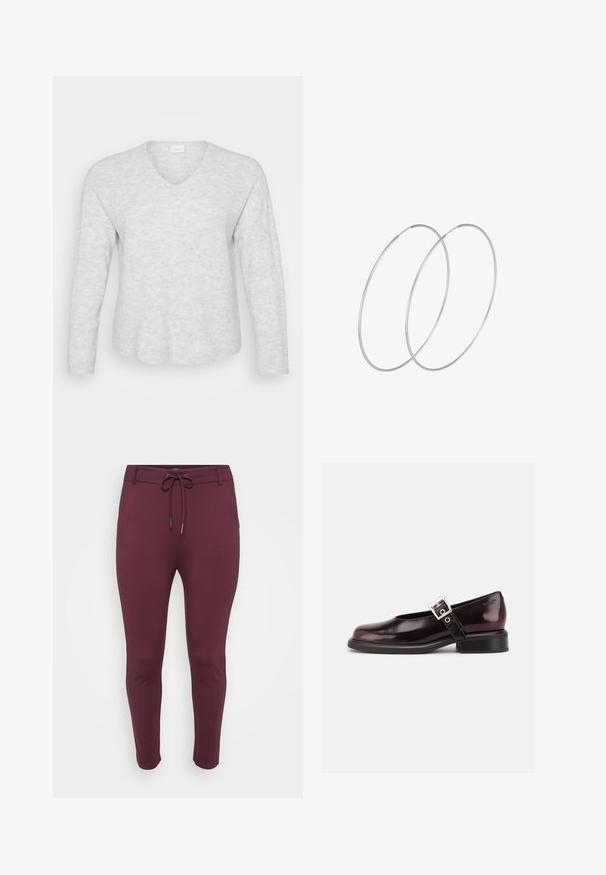 Suéter de manga larga gris claro con textura acanalada, escote en V y dobladillo ligeramente curvado. Material suave con variaciones sutiles en el patrón.; Pantalones elásticos burdeos con cintura ajustable, que presentan un diseño ajustado y piernas ceñidas, exhibidos sobre un fondo blanco.; Zapato único Mary Jane brillante de color burdeos oscuro con correa ancha y hebilla plateada, tacón bloque bajo y punta redondeada sobre fondo blanco.; Pendientes de aro plateados con un diseño minimalista. Forma circular, textura suave y perfil delgado. Livianos con un acabado pulido.