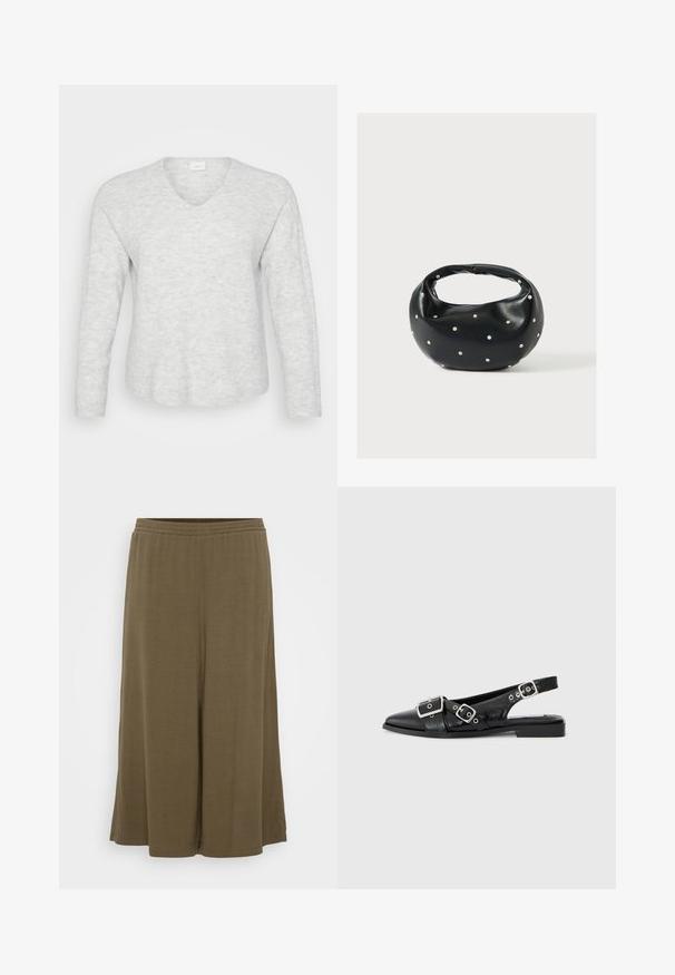 Lys grå langærmet sweater med ribbet tekstur, V-hals og en let buet kant. Blødt materiale med subtile mønstervariationer.; Olivenfarvede bukser med bred ben, lavet af letvægtsmateriale. Har en elastisk talje og en afslappet pasform, med en glat, flydende tekstur.; Sorte læderslingbacksko med spids tå, to sølvspænder og en lav blokhæl. Har en struktureret overdel og åben bag.; Sort læderhåndtaske med en rundet form, dekoreret med sølvnitter, og et kort håndtag. Glat tekstur og lynlåslukning.