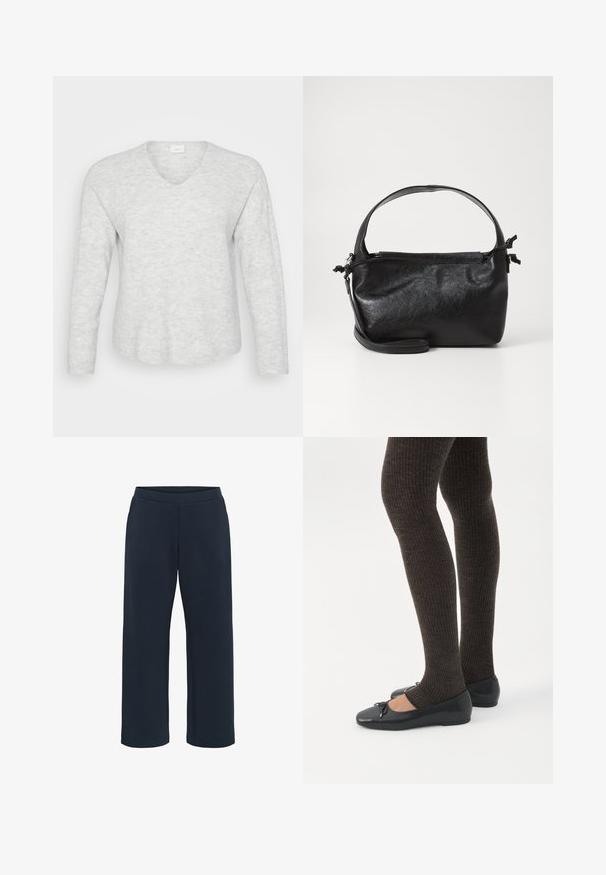Pull long ajusté gris clair à manches longues avec une texture côtelée, un décolleté en V et un ourlet légèrement courbé. Matériau doux avec de subtiles variations de motifs.; Pantalons en mélange de coton, coupe confortable, couleur bleu marine foncé, avec une taille élastique et des jambes droites. Sans poches ni coutures visibles.; Jambes portant des leggings côtelés foncés associés à des ballerines noires avec de petits détails en nœud sur fond blanc.; Sac à main en cuir noir au design structuré, avec une poignée arrondie et une bandoulière amovible. Présente une texture lisse et un éclat subtil.