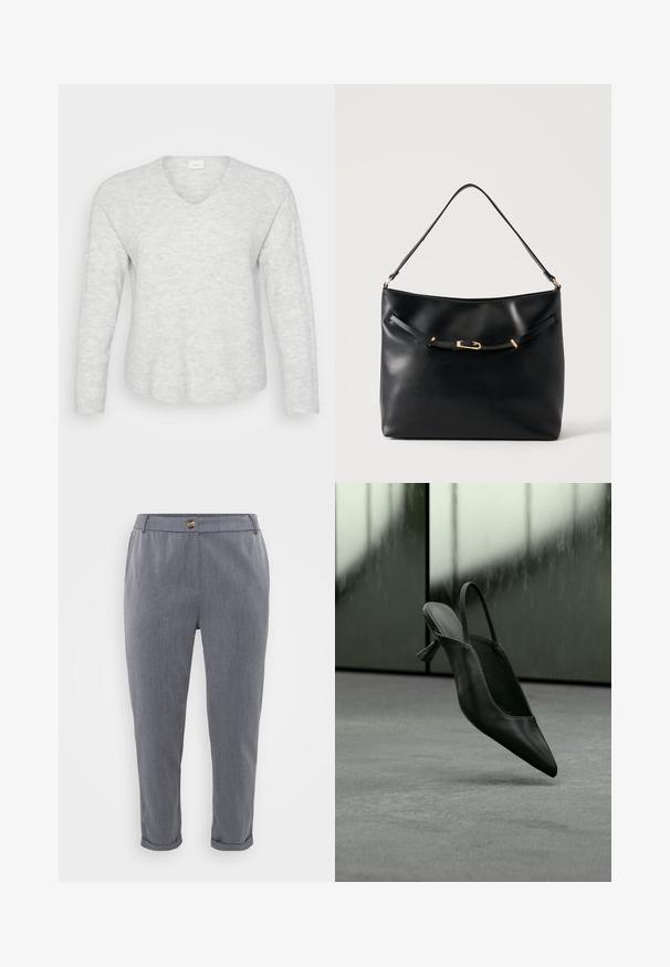 Pull long ajusté gris clair à manches longues avec une texture côtelée, un décolleté en V et un ourlet légèrement courbé. Matériau doux avec de subtiles variations de motifs.; Pantalons gris ajustés avec une texture tissée lisse, ourlets à enfiler, poches avant et fermeture à bouton à la taille.; Escarpin à talon haut en cuir noir avec bride arrière et bout pointu, flottant au-dessus d'un sol recouvert de moquette grise, mur verdâtre flou en arrière-plan.; Sac à épaule en cuir noir avec une bandoulière unique et un petit détail de boucle dorée à l'avant, sur un fond clair uni.