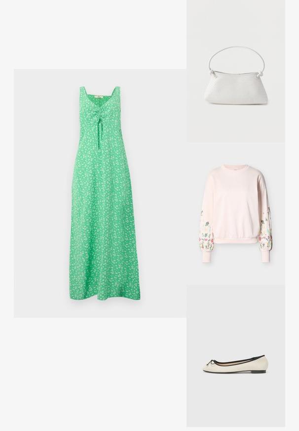 Sweatshirt rose clair avec manches longues bouffantes ornées d'une broderie florale multicolore et poignets ainsi qu'ourlet côtelés.; Robe maxi verte sans manches avec un petit motif floral blanc et un détail froncé noué à l'avant sur la poitrine.; Ballerine en textile beige avec une bordure noire. Affiche un bout arrondi et un petit nœud en accent sur le devant. Semelle basse.; Sac à main en cuir tressé blanc avec poignée arrondie et extrémités de lanière nouées, présenté sur un fond uni.