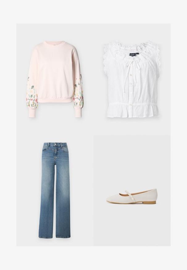 Lyserød sweatshirt med lange puffede ærmer, der har flerfarvet blomsterbroderi og ribkant ved ærmer og kant.; Hvid ærmeløs bluse med broderet blonderkant, knapper foran, snøre i halsen og elastisk talje fra GAP.; Lyseblå vidde-ben denimjeans med forlommer, knaplukning og falmet tekstur fra talje til kant.; Flade sko i blødt beige materiale med en spids tådesign. Har en dekorativ rem med hvide perledetaljer. Lav hæl.