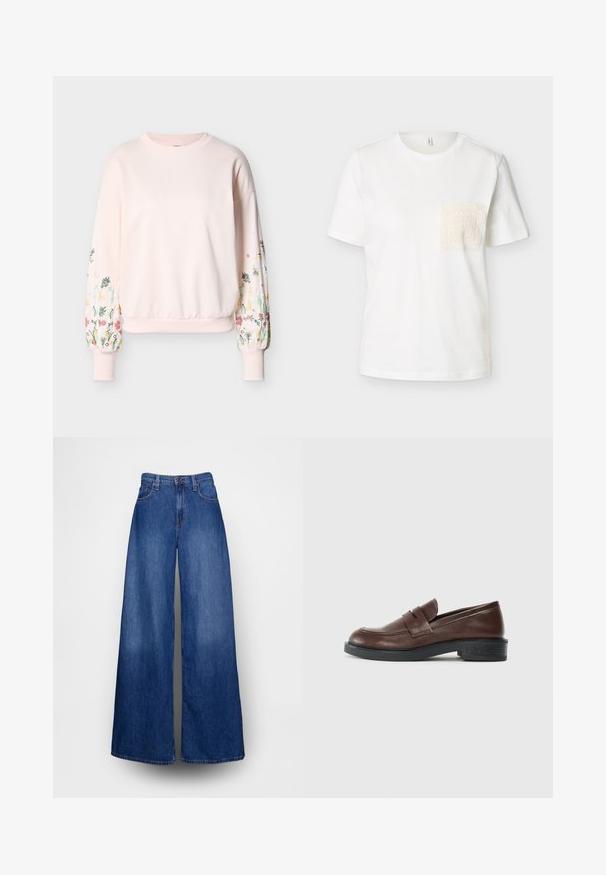 Sweatshirt rose clair avec manches longues bouffantes ornées d'une broderie florale multicolore et poignets ainsi qu'ourlet côtelés.; T-shirt blanc à manches courtes avec un col rond et une poche en dentelle crème texturée sur le côté gauche de la poitrine.; Jean ample en denim bleu, doté d'une taille haute, fermeture par boutons et design à cinq poches. Coupe nette avec une texture lisse.; Mocassins en cuir marron avec un bout arrondi, présentant une sangle décorative sur le dessus, et un talon bas en caoutchouc noir texturé.
