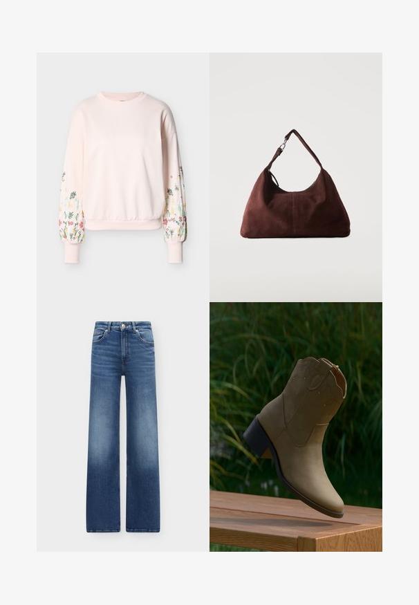Sweatshirt rose clair avec manches longues bouffantes ornées d'une broderie florale multicolore et poignets ainsi qu'ourlet côtelés.; Jean bleu taille haute à jambes larges avec poches avant, passants pour ceinture, fermeture à bouton et détails délavés sur les cuisses et les genoux.; Bottine en daim couleur fauve avec surpiqûres décoratives et petit talon carré, posée au bord d'une surface en bois en extérieur.; Sac bandoulière en daim marron doux avec une seule lanière et des accessoires métalliques argentés sur un fond clair uni.
