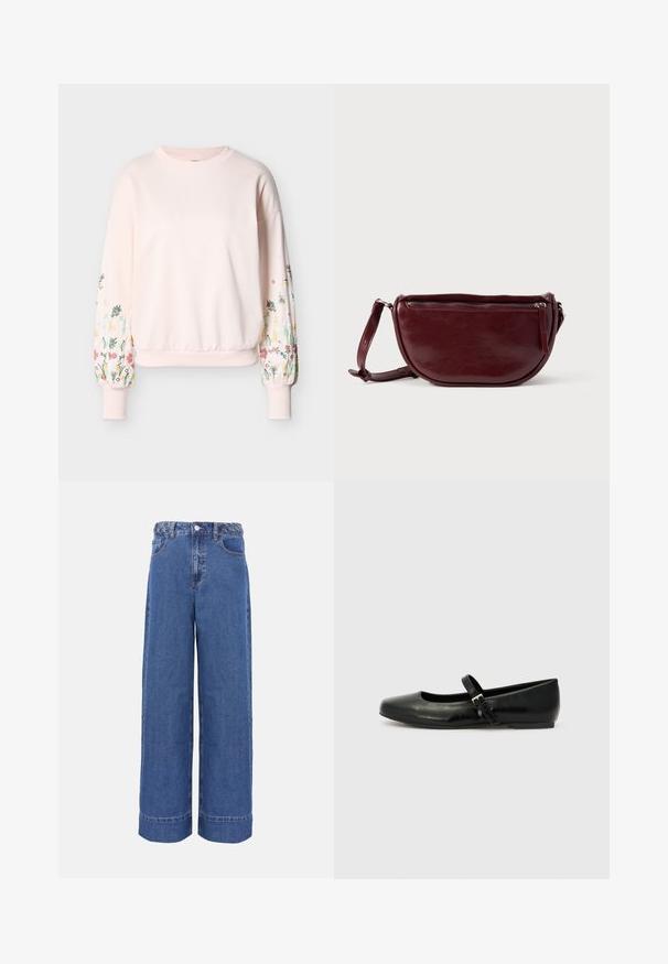 Lyserød sweatshirt med lange puffede ærmer, der har flerfarvet blomsterbroderi og ribkant ved ærmer og kant.; Blå denim jeans med vide ben, flettet linning, knap foran og lommer, vist på ensfarvet baggrund.; Sorte læder balletflade med rund tå, flad sål og en tynd justerbar rem over svangen med en metalspænde.; Vinrød læderhåndtaske med halvmåneform, lynlås og aftagelig rem. Glat tekstur med en subtil glans.