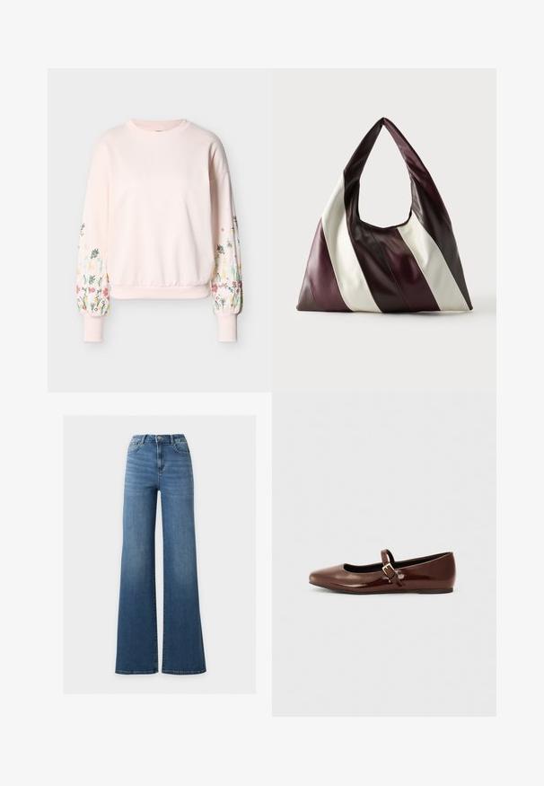 Lyserød sweatshirt med lange puffede ærmer, der har flerfarvet blomsterbroderi og ribkant ved ærmer og kant.; Blå høj talje vidde jeans med frontknap og lynlås, to forlommer og et klassisk fem-lomme design.; Brun patentlæder balletflade med firkantet tå og strop med en lille guldbuckle. Glat tekstur, lav hæl og minimalistisk design.; Stor trekantet lædertaske med brede diagonale striber i mørkebrun, bordeaux og cremefarver mod en ensfarvet baggrund.