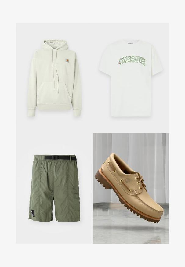 Lichtgrijze hoodie van zacht materiaal, met een kangoeroezak, een capuchon met trekkoord en een klein logo patch aan de bovenkant links.; Wit katoenen T-shirt met korte mouwen en een ronde hals, voorzien van een groen tekstontwerp en bloemenaccenten.; Olijfgroene cargoshorts met een elastische tailleband en een zwarte gesp. Voorzien van een zijzak en een gestructureerde stof.; Lichtbruine leren bootschoen met een dikke, geribbelde zool en veterdetails, zwevend boven een marmeren vloer en een achtergrond van witte verticale jaloezieën.