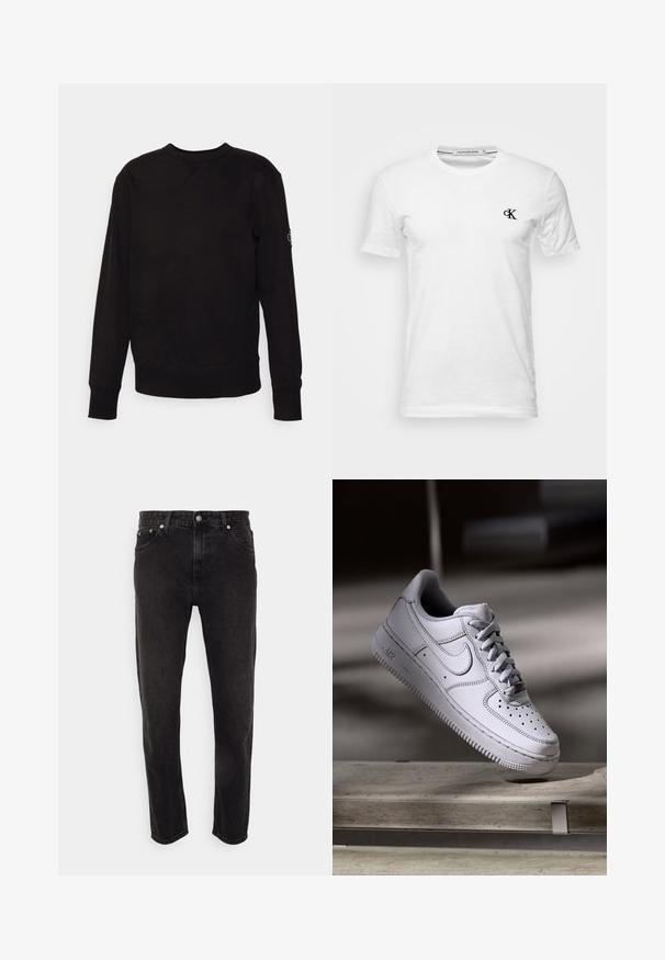 Must pikkade varrukatega crewneck-stiilis dressipluus soonikkoes mansettide ja äärega, väikese õmmeldud detailiga kaeluses ning plaastriga vasakul varrukal.; Valge lühikeste varrukatega T-särk ümara kaelusega, vasakul rinnal väike must "CK" logo, silt Calvin Klein Jeans, suurus keskmine.; Mustadest denimist valmistatud sirge lõikega teksad, millel on keskmise tõusuga vöökoht, vöörihmade kohad ja viie tasku stiil. Pehme tekstuur vähese kulumisega.; Valge nahast Nike Air Force 1 tennisejalanõu, millel on perforatsiooniga varvas, lamedad paelad ja tekstureeritud kummist tallaga, millel on küljele märgitud "AIR".