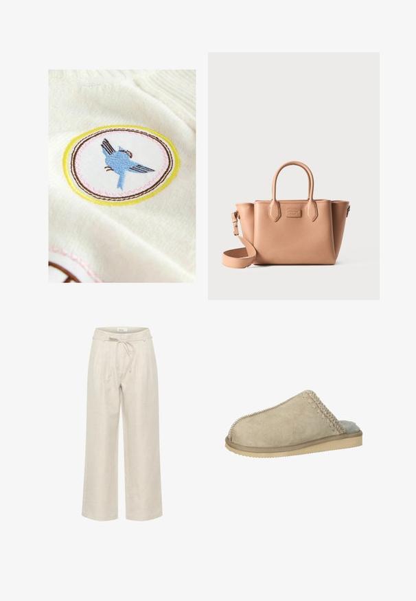 Broderet mærkat med en blå fugl på en hvid baggrund, omkranset af brune, pink og gule cirkulære kanter, på et cremefarvet stof.; Beige linned brede bukser med elastisk talje og frontfolder, i en glat tekstur og ankellængde.; Shepherd Hjemmesko - stein; Brun lædertaske med dobbelte hanke, aftagelig skulderrem og struktureret design. Tekstur. overflade og logodetalje på forsiden.