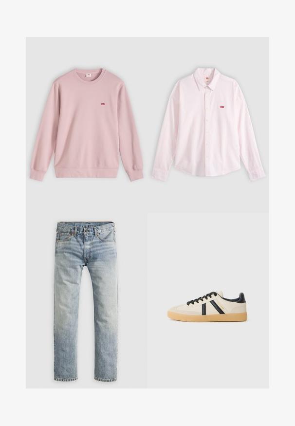 Lichtroze crewneck trui met lange mouwen en klein rood Levi’s-logo op de linkerborst, weergegeven op een lichte, vlakke achtergrond.; Lichtroze overhemd met lange mouwen, knoopsluiting en kraag, met een rood Levi's logo-label op de linkerborst, weergegeven op een effen achtergrond.; Lichtblauwe denim jeans met rechte pijpen, met knoopsluiting, voorzakken en riemlussen, plat weergegeven op witte achtergrond.; Casual sneakers in crème met zwarte strepen, voorzien van een gestructureerde bovenkant en een gumrubberen zool. Veters zijn zwart. Subtiel logo aan de zijkant.