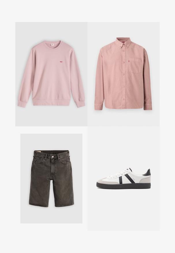 Hele roosa pika varrukaga põhiõla pikkusega pusa, millel vasakul rinnal väike punane Levi’si logo, näidatud helel ja tasasel taustal.; Pikad varrukad, roosast kangast nööpidega särk, millel on esil tasku ja nööbitav krae, esitletud ühevärvilise tausta ees.; Tumedat hallid teksapüksid, regulaarse lõikega, viie tasku, nööbiga kinnituse ja struktureeritud vöökohaga. Pehme tekstuur, puhas disain.; Valged tossud mustade ja hallide aktsentidega, tekstureeritud halli varbakattega, musta kummitald ja lamedad valged paelad. Puhtad jooned, minimalistlik stiil.