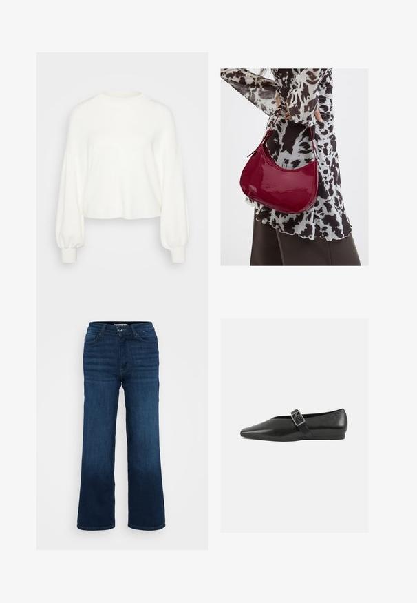 Hvid cropped sweater lavet af blødt strikstof. Har lange, puffede ærmer med ribbede manchetter og en rund halsudskæring.; ONLY Petite ONLMADISON BLUSH WIDE - Wide leg - dark blue denim; Sorte læder flade sko med spidse tæer, prydet med en metallisk spænde over vristen og en lav, fleksibel sål.; Kvinde iført en sort- og hvidmønstret bluse, der holder en blank rød skuldertaske mod en ensfarvet baggrund.