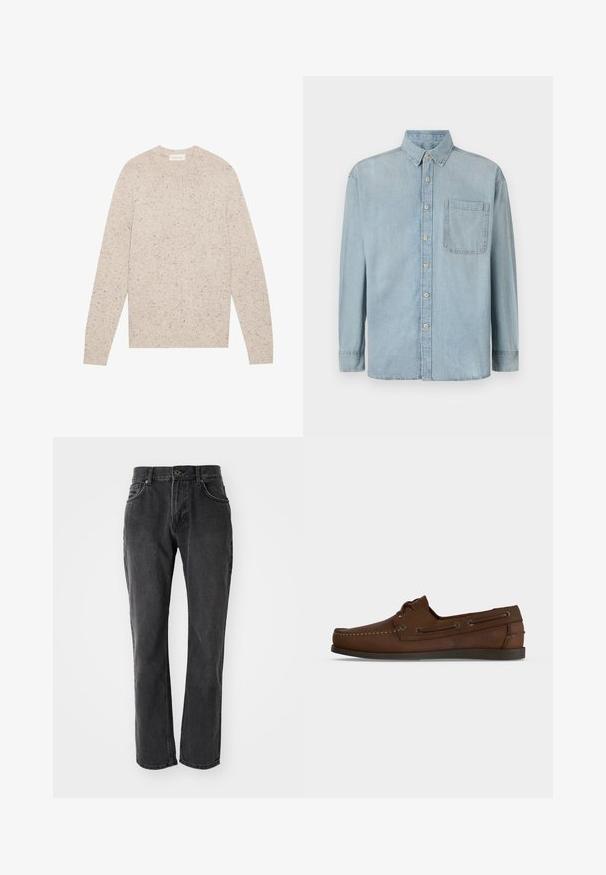 Lys beige strikket sweater med rund halsudskæring, lange ærmer og spraglet tekstur. Ribstrikkede manchetter og kant giver subtile accenter.; Lyseblå denimskjorte med lange ærmer, knaplukning foran og en enkelt brystlomme. Har en klassisk krave og standard manchetter.; Sorte denim jeans med lige pasform, der har fem lommer, knaplukning og syede detaljer langs sømmene og lommerne.; Brun læder moccasin-inspireret loafer med snoredetaljer og lav sort sål, vist fra siden på en ensfarvet hvid baggrund.