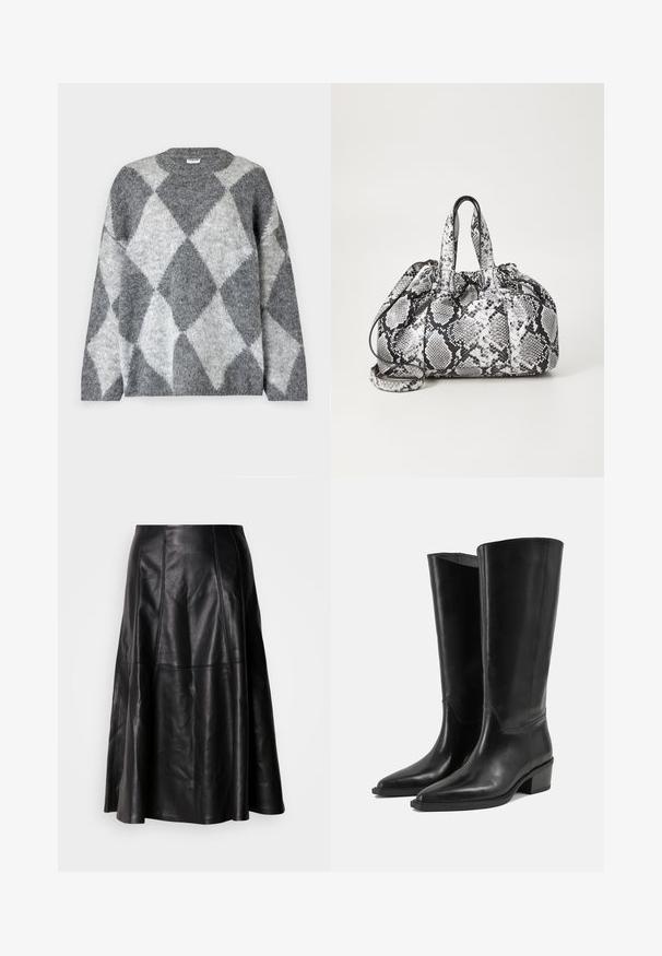 Noisy May NMSUTTON - Strickpullover - dark grey melange; Schwarzer Lederrock mit ausgestellter Silhouette, sichtbaren Nähten und glatter Textur. Mittellanges Design mit klassischem Schnitt.; Paar hohe schwarze Lederstiefel mit niedrigen Blockabsätzen und spitzen Zehen auf einem schlichten hellen Hintergrund.; Schwarz-weiße Handtasche im Schlangenhautmuster mit zwei Griffen, einem Kordelzugverschluss und einem abnehmbaren Schultergurt. Glatte Textur.