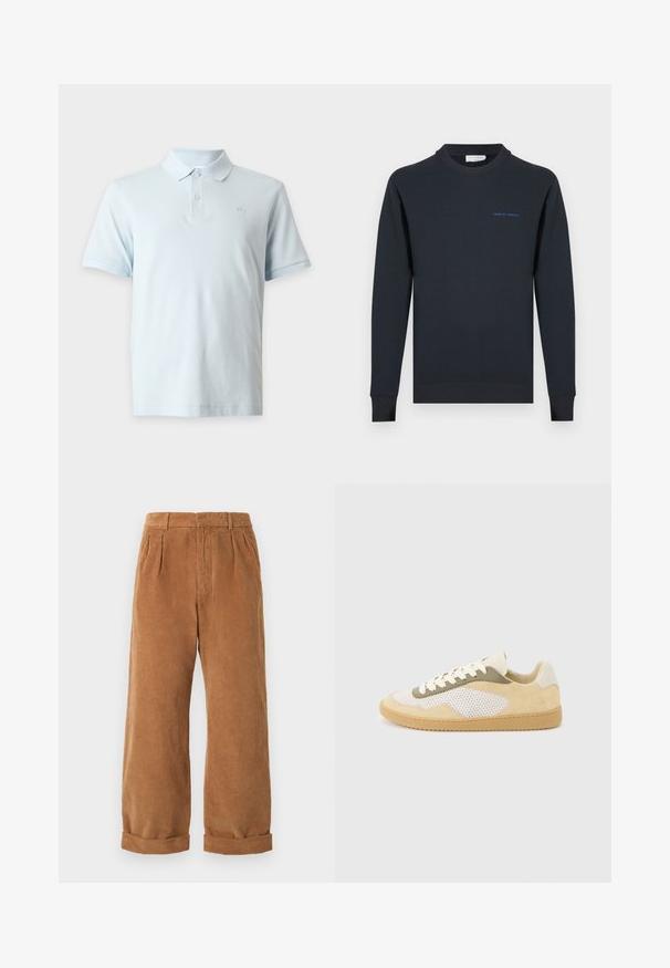 Sweat-shirt col ras du cou bleu marine en coton. Comprend des poignets et un ourlet côtelés, avec le texte "TIGER OF SWEDEN" en bleu sur la poitrine.; Polo à manches courtes bleu clair avec col, deux boutons sur la patte de boutonnage et logo discret sur la poitrine gauche.; Pantalons en velours côtelé marron avec une coupe évasée, dotés de plis à l'avant et de ourlets retroussés. Le tissu a un aspect texturé et côtelé.; Baskets basses en daim beige, panneaux en maille blanche, accents olive, lacets blancs et semelle en caoutchouc naturel sur fond gris clair.