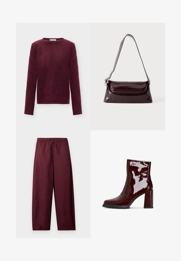 Dames trui met lange mouwen in bordeaux rood, ronde hals, zachte, pluizige gebreide stof en een rechte zoom.; Losse, bordeauxrode broek met elastische tailleband en trekkoord, rechte pijpen, zonder zichtbare zakken of patronen.; Glanzende bordeaux enkelboot met een vierkante neus, chunky doorzichtige hak en gestructureerde zwarte zool. Vloeiend oppervlak met een hoge glansafwerking.; Donker bordeauxkleurige leren schoudertas met klep en een smalle verstelbare riem, weergegeven op een effen lichte achtergrond.