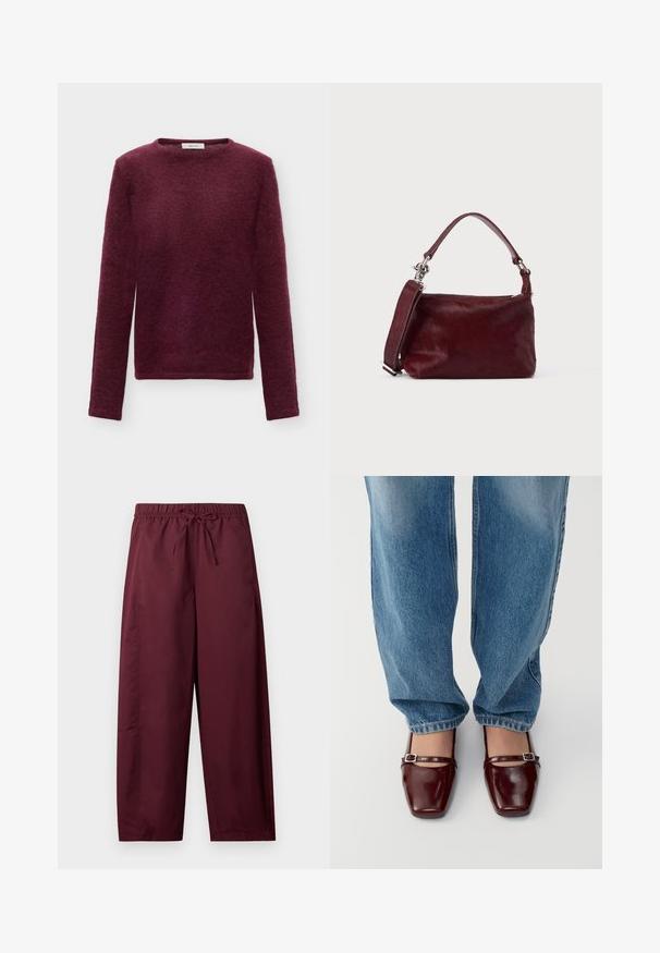 Langærmet dame rødbrun rundhalset sweater med blødt, lodden strikstof og lige kant.; Løse vinrøde bukser med elastisk taljebånd og snøre, lige ben, ingen synlige lommer eller mønstre.; Burgunderfarvede patentlæder sko med firkantet tå og ankelrem, parret med lyseblå løs pasform jeans. Skoene har en glansfuld overflade.; Lille rektangulær burgunderfarvet håndtaske med tekstureret finish, kort hank og aftagelig skulderrem på en ensartet lys baggrund.