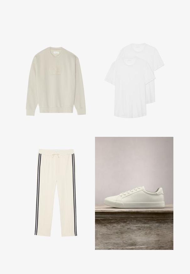 Beige sweatshirt with crew neck, long sleeves, and ribbed cuffs. Features embroidered "ONE" and "PREMIUM QUALITY GOODS" in matching thread.; Two white short-sleeve T-shirts made of cotton, featuring a crew neckline, soft texture, and a simple, unadorned design.; Cream jogger pants with elastic waistband and adjustable drawstring. Features two black side stripes running down each leg. Soft fabric texture.; White lace-up sneaker hovering above wooden bench with green foliage in the background, showcasing shoe design and texture.
