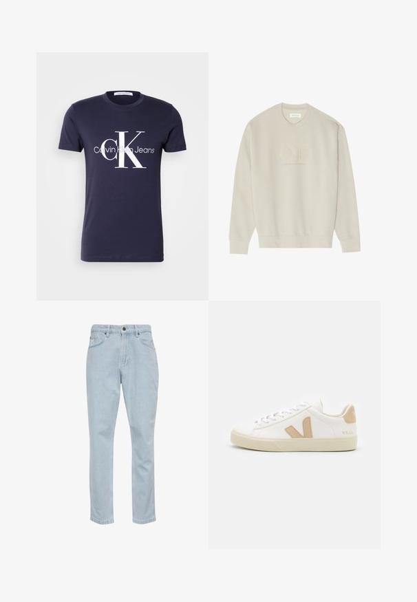 Beige sweatshirt med rund hals, lange ærmer og ribstrikkede manchetter. Har broderet "ONE" og "PREMIUM QUALITY GOODS" i matchende tråd.; Mørkeblå T-shirt med korte ærmer med stort hvidt "cK" og "Calvin Klein Jeans" logo centreret foran.; Lyseblå denimjeans med lige ben, fem lommer og metalknaplukning. Glat tekstur og let falmede detaljer.; Hvide sneakers med beige detaljer, glat lædermateriale, rund tå, flad gummisål og snørebånd foran med et logo på hælen.