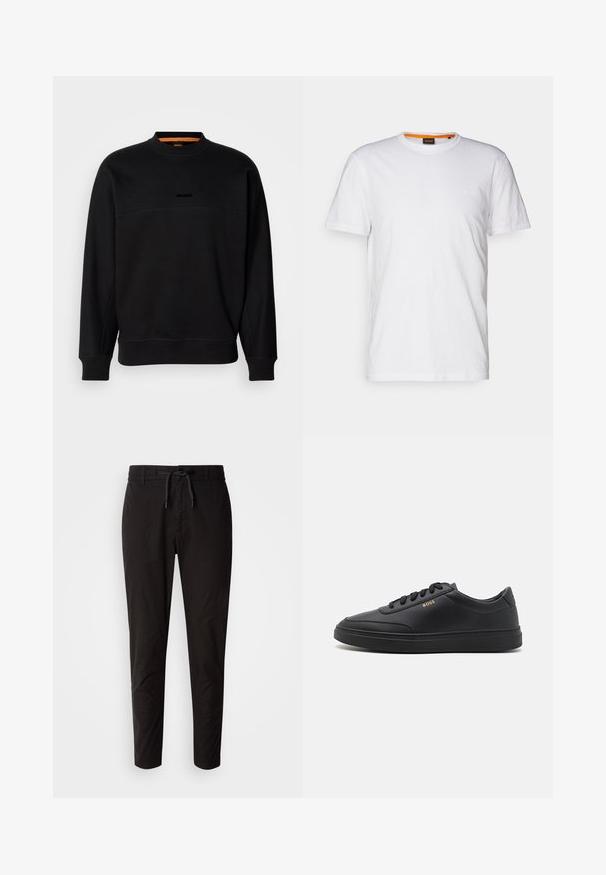 Sort bomulds sweatshirt med rund hals, der har en horisontal søm og en subtil præget logo. Ribmede manchetter og kant giver struktur.; Hvid bomulds T-shirt med rund hals, korte ærmer og et subtilt præget logo på brystet. Indvendigt mærke har en orange detalje.; Sorte bukser med elastisk talje og snøre, der har en smal, tapered pasform og glat, letvægtsstof.; Sorte lædersneakers med en glat overflade, rund tå, flad gummisål og tonede snørebånd. Udstyret med guld "BOSS" branding på siden.