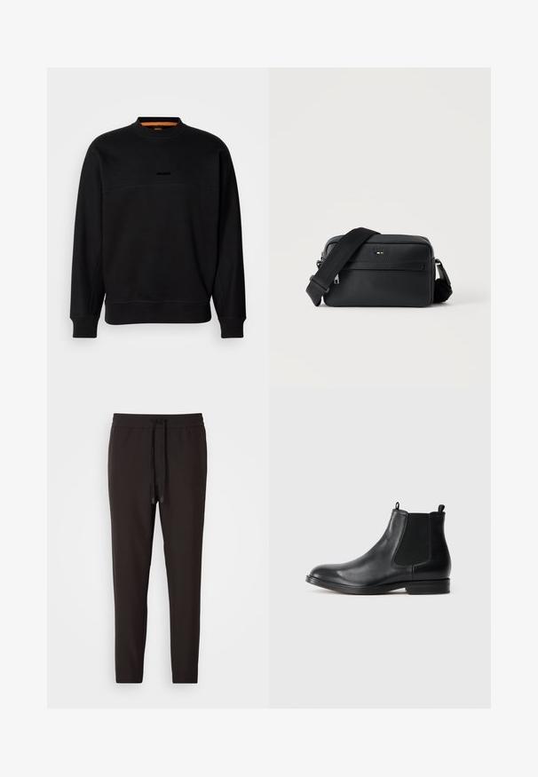 Sort bomulds sweatshirt med rund hals, der har en horisontal søm og en subtil præget logo. Ribmede manchetter og kant giver struktur.; Sorte joggingbukser lavet af blødt stof, med en elastisk bæltelås og snor, tætsiddende ben og uden synlige mønstre eller udsmykninger.; Sorte læder Chelsea støvler med elastiske sidepaneler, rund tå, trækstrop og en lav blokhæl. Glat tekstur og minimalistisk design.; Sort tekstureret læder crossbody taske med front lynlåslomme og justerbar bred stofskulderrem på hvid baggrund.