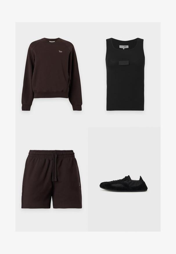 Sweat-shirt marron foncé à manches longues avec col rond, poignets et ourlet côtelés, et un petit logo animalier brodé sur la poitrine gauche.; Débardeur noir côtelé avec un col arrondi et une étiquette centrale sur le devant. Confectionné dans un tissu doux avec une coupe ajustée.; Shorts à taille élastique noire avec cordon de serrage, devant plat et poches latérales, présentés sur un fond clair uni.; Baskets légères noires avec accents en daim, cheville élastiquée et semelle fine, présentées en profil latéral sur un fond uni.