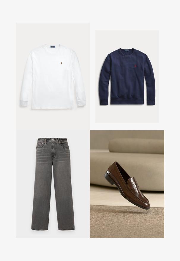 Marineblaues Sweatshirt mit langen Ärmeln und Rundhalsausschnitt, mit rotem Polo Ralph Lauren-Logo auf der linken Brust gestickt.; Weißes Langarmshirt mit Rundhalsausschnitt und kleinem besticktem Polo Ralph Lauren-Logo auf der linken Brust.; Graue Jeans aus Denim mit geradem Bein, hohem Bund, Fünf-Taschen-Design und dezenten Verwaschungen entlang der Beine. Metallische Hardware-Akzente.; Brauner Leder-Slipper mit strukturierter Musterung, der über einem beigen Teppich schwebt, vor einem beigen Sofa im Hintergrund.