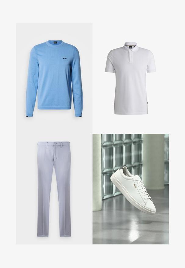 Lichtblauwe trui gemaakt van een zachte gebreide stof, met een ronde hals, lange mouwen en een klein zwart logo op de borst.; Witte polo shirt gemaakt van een katoenmix, met een klassieke kraag, drie-knopen sluiting en subtiele merklap op de borst. Korte mouwen.; Lichtgrijze op maat gemaakte broeken van gladde stof, met een knoopsluiting, riemlussen en een rechte pijp. Geen zichtbare zakken.; Witte leren lage sneaker met veters, zwarte hielstrook en "BOSS"-logo, zwevend binnenshuis bij een glazen stenen muur en gepolijste vloer.