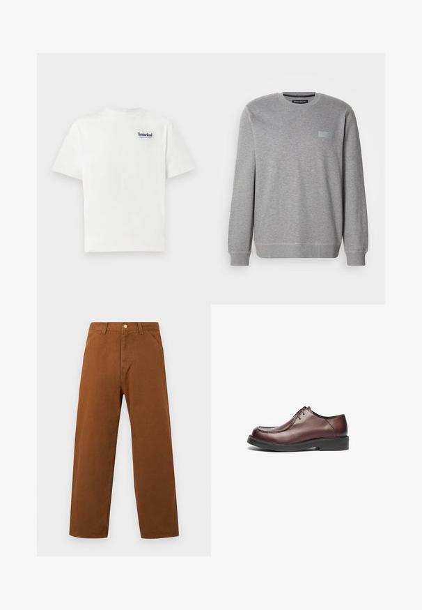 Grå sweatshirt med rund hals, lange ærmer og ribstrikkede manchetter. Klassisk design med en lille rektangulær logo-patch foran.; Hvid bomulds T-shirt med et blåt broderet "Timberland Rugged Active Gear" logo på den øverste venstre bryst. Korte ærmer og rund hals.; Brune bukser med lige ben, bæltestropper, forlommer og knaplukning i taljen, vist på en ensfarvet baggrund.; Brune læderdressko med rund tå, synlige stichinger og en lav sort gummisål; snøre-design. Glat tekstur over hele skoen.