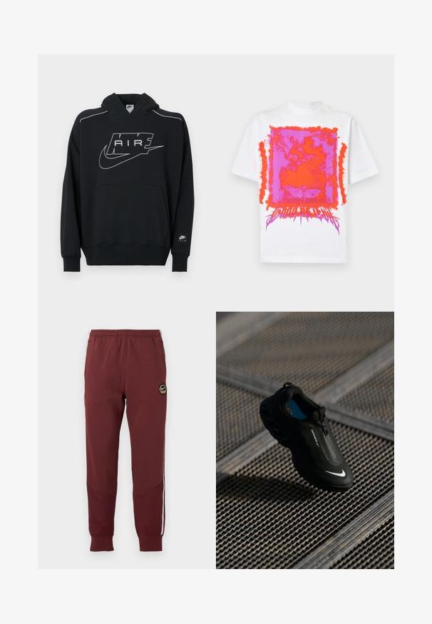 Sudadera con capucha negra hecha de tela suave, con un gran logo blanco "AIR" y el icónico swoosh de Nike. Incluye un bolsillo frontal y mangas con puños.; Camiseta blanca de manga corta con gráfico rectangular abstracto en rosa brillante y naranja y texto estilizado en la parte inferior central del delantero.; Chándal marrón con un logo hexagonal de Nike, cinturilla elástica, dos bolsillos laterales y rayas laterales blancas. Tejido texturizado con diseño de pierna ajustada.; Zapatilla Nike Air Max negra con un diseño elegante, cierre de cremallera, parte superior texturizada y un logotipo blanco prominente en el lateral, ubicada sobre un fondo de rejilla.