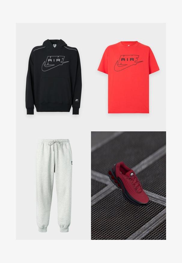 Sudadera con capucha negra hecha de tela suave, con un gran logo blanco "AIR" y el icónico swoosh de Nike. Incluye un bolsillo frontal y mangas con puños.; Camiseta de algodón roja con un logo negro de Nike y texto "AIR". Mangas cortas y cuello redondo con un ajuste relajado. Textura suave.; Pantalones deportivos gris claro hechos de material suave con una cintura elástica, cordón y puños acanalados; cuentan con un pequeño logo en el lateral.; Zapatilla roja con un upper texturizado, que presenta acentos en negro y un diseño de suela con un prominente sistema de amortiguación de aire. Los cordones y el logo son visibles en la parte superior.