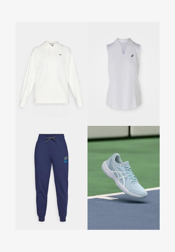 Sudadera blanca de material suave, con mangas largas, capucha ajustable y un pequeño logo verde en el pecho.; Top atlético sin mangas de color blanco con escote en V y paneles laterales. Presenta un pequeño logotipo negro en el lado izquierdo del pecho. Textura suave y diseño ajustado.; Pantalones de chándal azul marino con cintura ajustable y puños en los tobillos. Presenta un logo de Lotto en colores vibrantes en el muslo izquierdo. Hechos de una tela suave.; Zapatilla deportiva azul clara con parte superior de malla, detalles texturizados y suela acolchada, suspendida sobre una superficie de cancha azul.