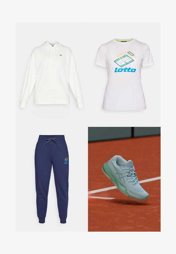Hvid hoodie lavet af blødt stof, med lange ærmer, en snørt hætte og et lille grønt logo på brystet.; Hvid kortærmet t-shirt lavet af bomuld, med et farverigt geometrisk grafisk design og "lotto" logo i blåt på forsiden.; Mørkeblå sweatpants med snor i taljen og ankelsyninger. Har et Lotto-logo i livlige farver på venstre lår. Lavet af blødt stof.; Lyseblåt tennissko sparker op lerstøv på en orange tennisbane tæt ved en hvid afgrænsningslinje.