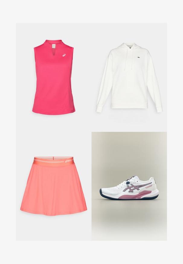 Weißer Kapuzenpullover aus weichem Stoff, mit langen Ärmeln, einer Kordelzugkapuze und einem kleinen grünen Logo auf der Brust.; ASICS COURT TANK - Top - bright rose; Rosa Sportrock aus geripptem Stoff. Verfügt über einen breiten elastischen Bund mit Logo und ein ausgestelltes Design für Bewegungsfreiheit.; Weißer und rosa sportlicher Laufschuh mit Mesh-Obermaterial, Schnürverschluss und dunkelblauer Sohle auf neutralem Hintergrund.