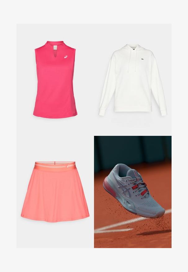 Witte hoodie gemaakt van zacht materiaal, met lange mouwen, een trekkoordkap en een klein groen logo op de borst.; ASICS COURT TANK - Top - bright rose; Roze atletische rok van geribd stof. Heeft een brede elastische tailleband met een logo en een uitlopende pasvorm voor bewegingsvrijheid.; Lichtblauwe tennisschoen met een gestructureerd bovenwerk, rode accenten en een halftransparante zool, zwevend boven een gravelbaan.