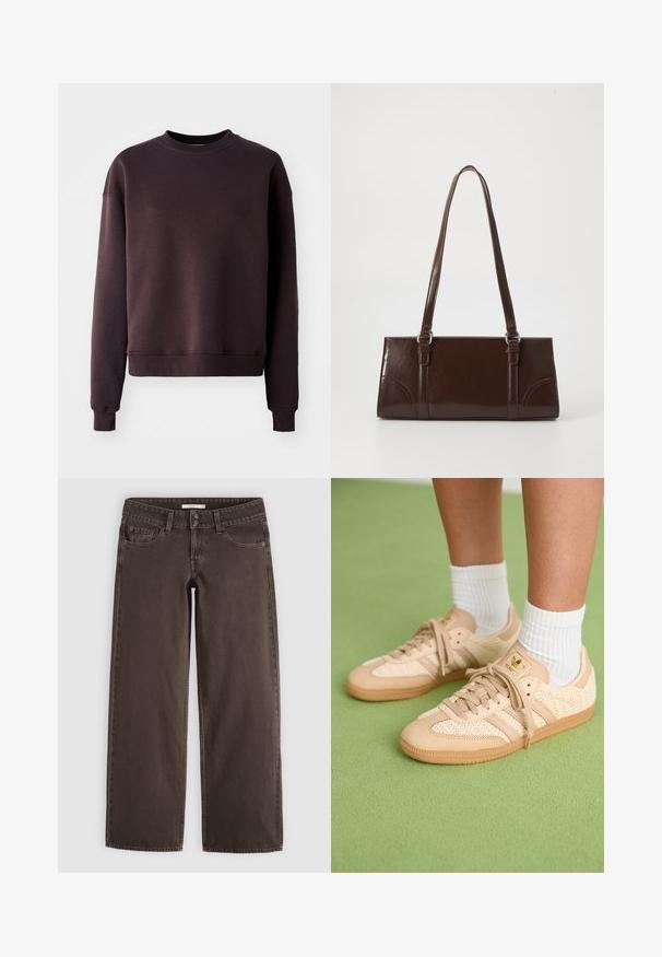 Mørkebrun sweatshirt i en blød bomuldsblanding med rund hals, lange ærmer og ribbede kanter og kant for et tætsiddende udseende.; Brune straight-leg denim jeans med forlommer, møntlomme, bæltestropper og dobbelte knapper i taljen.; Fødder iført beige vævede Adidas sneakers med gummisåler og hvide ankelsokker på en grøn struktureret gulv.; Brun lakeret håndtaske med rektangulær form, to lange håndtag og subtile buede detaljer på fronten.
