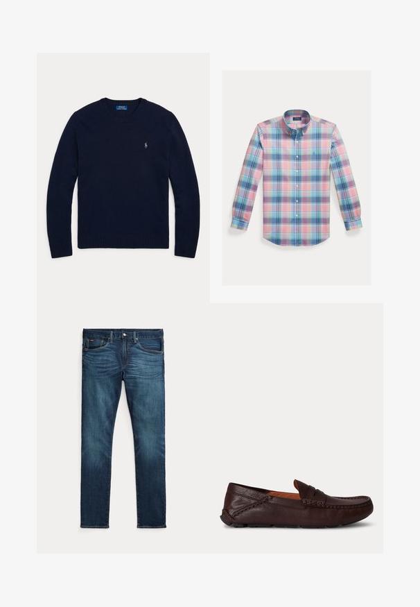 Tumesinine pikaveeline pullover ümmarguse kaelusega, soonikkoes varrukaotste ja ääristusega, väikese Polo Ralph Laureni tikitud logoga rinnal.; Puuvillane nööpidega särk, millel on mitmevärviline ruuduline muster roosa, sinise ja rohelise toonidega. Sellel on laialivalguv krae ja pikad varrukad.; Tumesinised kitsad teksad esiküljel nööbi ja tõmblukuga, viie taskuga ning peene tuhmumisega reite ja põlvede eesosas.; Tumepruunast nahast meeste loafer õmblustega ja kummitaldaga, külgvaates ühevärvsel taustal.