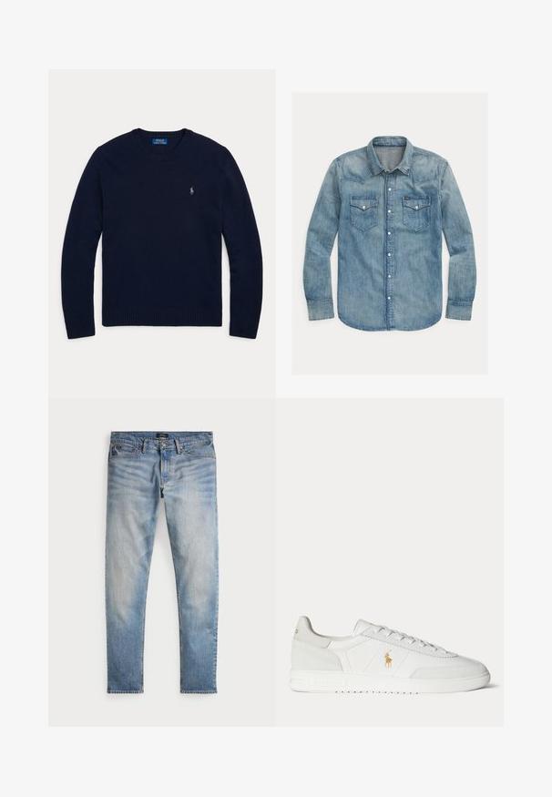 Tmavomodrý pulóver s dlhým rukávom a okrúhlym výstrihom, s rebrovanými manžetami a spodným lemom, s malým vyšívaným logom Polo Ralph Lauren na hrudi.; Denimová košela v svetlomodrej farbe, s špicatým golierom, dlhými rukávmi, dvoma náprsnými vreckami a cvokovými gombíkmi. Klasický dizajn v západnom štýle.; Svetlomodré denimové nohavice s bledým povrchom, dizajnom na päť vreciek a kontrastným prešívaním. Obsahujú zips a pútka na opasok. Rovný strih.; Biela nízka teniska so šnurovaním, zlaté logo Polo Ralph Lauren na boku a textúrovaná podrážka na jednofarebnom pozadí.