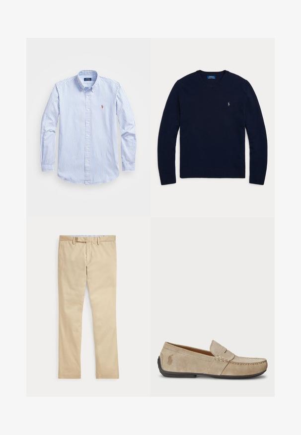 Marineblauwe trui met lange mouwen en een ronde hals, met geribde boorden en zoom, voorzien van een klein geborduurd Polo Ralph Lauren-logo op de borst.; Lichtblauw met wit gestreept overhemd met knopen, voorzien van een kraag, lange mouwen en een klein logo op de borst. Gemaakt van katoen.; Beige broek met rechte pijpen, ceintuurlussen en een voorrits, plat gelegd tegen een witte achtergrond.; Beige suède instappers met een gestikt detail, platte rubberen zool en een klein logo aan de zijkant. Klassiek instapontwerp, zachte textuur.