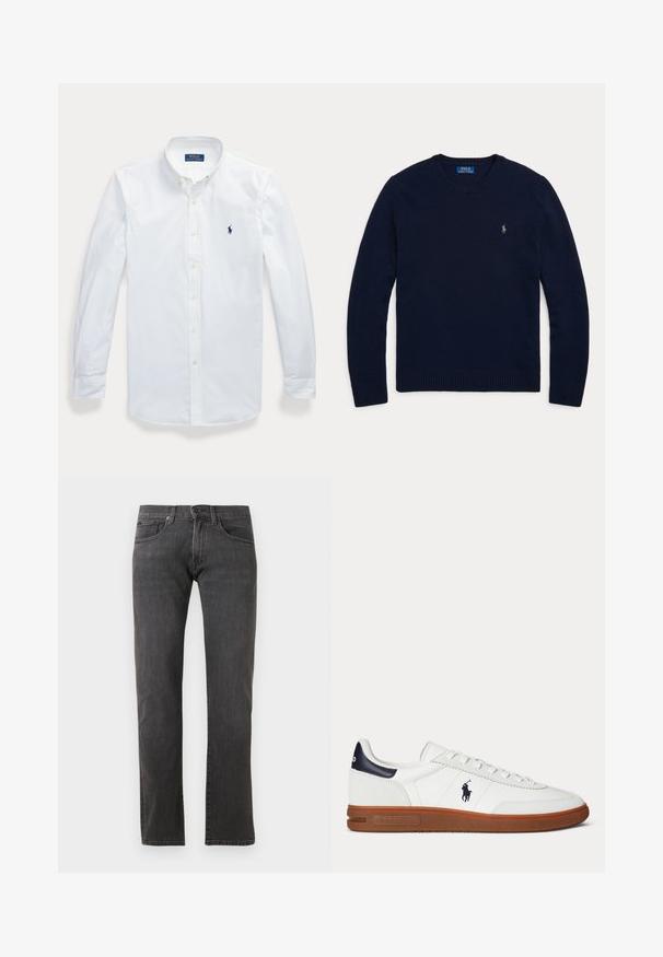 Tmavomodrý pulóver s dlhým rukávom a okrúhlym výstrihom, s rebrovanými manžetami a spodným lemom, s malým vyšívaným logom Polo Ralph Lauren na hrudi.; Biela košeľa s dlhým rukávom, gombíkmi a golierom, vyšívané logo Polo Ralph Lauren na ľavej strane hrude.; Tmavošedé džíny so strihom rovného nohavíc, dizajnom s piatimi vreckami a jemnými švovými detailmi. Vyrobené z tkaniny bohaté na bavlnu.; Biela nízka teniska s hnedou podrážkou, čiernym záplatou na päte, vyšitým logom hráča póla a bielymi šnúrkami.