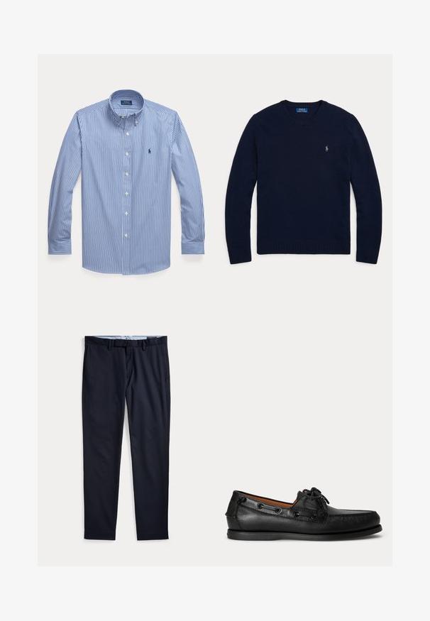 Tumesinine pikaveeline pullover ümmarguse kaelusega, soonikkoes varrukaotste ja ääristusega, väikese Polo Ralph Laureni tikitud logoga rinnal.; Pikkade varrukatega sinine ja valge vertikaalsete triipudega nööbitav särk, kraega ja väike tikitud logo vasakul rinnal.; Meri sinist värvi meeste pidulikud püksid, millel on vööaasad, luku ette, ja küljetaskud, lamades valgel taustal.; Mustast nahast mokkassiin paeltega ja madala kummist tallaga, näht külje pealt heledal taustal.