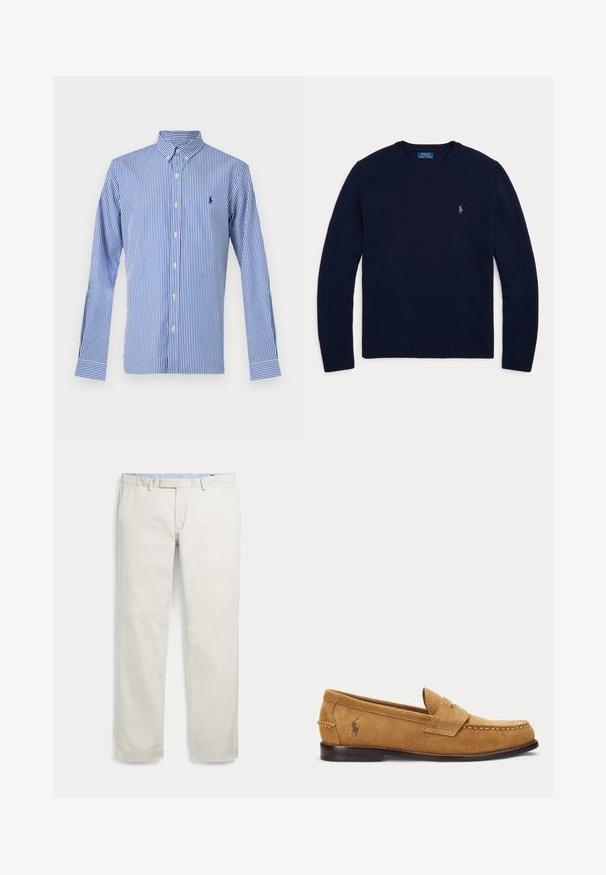 Marineblauwe trui met lange mouwen en een ronde hals, met geribde boorden en zoom, voorzien van een klein geborduurd Polo Ralph Lauren-logo op de borst.; Blauw-wit verticaal gestreept overhemd met lange mouwen, knopen en een knoopkraag, met een klein marineblauw geborduurd logo op de linkerborst.; Licht beige herenbroek met rechte pijpen, riemlussen en zijzakken, plat weergegeven op een witte achtergrond.; Tan suède loafer met gestikte details en een klein geborduurd paardenlogo aan de zijkant, met een lage houten hak en instapmodel.