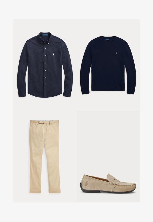 Marineblauer Pullover mit Rundhalsausschnitt und langen Ärmeln, mit gerippten Bündchen und Saum, mit einem kleinen bestickten Polo Ralph Lauren Logo auf der Brust.; Marineblaues langärmliges Hemd mit weißen Knöpfen und kleinem weiß gesticktem Logo auf der linken Brust.; Beige gerade Hose mit Gürtelschlaufen und einem vorderen Reißverschluss, flach auf weißem Hintergrund gelegt.; Beige Wildleder Slipper mit gesticktem Detail, flacher Gummisohle und kleinem Logo an der Seite. Klassisches Slip-On-Design, weicher Textur.