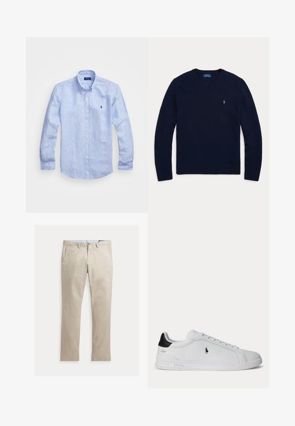 Tmavomodrý pulóver s dlhým rukávom a okrúhlym výstrihom, s rebrovanými manžetami a spodným lemom, s malým vyšívaným logom Polo Ralph Lauren na hrudi.; Modrá a biela prúžkovaná košeľa s dlhými rukávmi vyrobená z bavlny, vybavená golierom na gombíky, prednými gombíkmi a malým vyšitým logom na hrudi.; Béžové rovné bavlnené nohavice s prednými vreckami, pútkami na opasok, zapínaním na gombík a zipsom, zobrazené položené na bielom pozadí.; Biela nízka teniska s čiernou pätovou pätkou, šnúrkami a logom Polo Ralph Lauren na boku, so zvýraznenými detailmi na podrážke.
