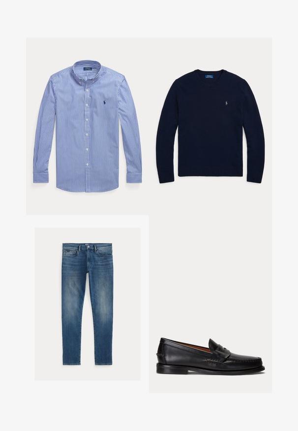 Marineblauer Pullover mit Rundhalsausschnitt und langen Ärmeln, mit gerippten Bündchen und Saum, mit einem kleinen bestickten Polo Ralph Lauren Logo auf der Brust.; Langarm blau-weiß vertikal gestreiftes Hemd mit Knopfleiste, Button-Down-Kragen und Polo Ralph Lauren Logo auf der Brust.; Blaue Jeans aus Denim mit schmaler Passform, mit einem verblassten Effekt, fünf Taschen und einem Reißverschluss mit Knopfverschluss. Auffällige Steppnähte.; Schwarzer Lederloafer mit niedrigem Absatz und Pennyriemendetail, von der Seite auf hellgrauem Hintergrund gezeigt.